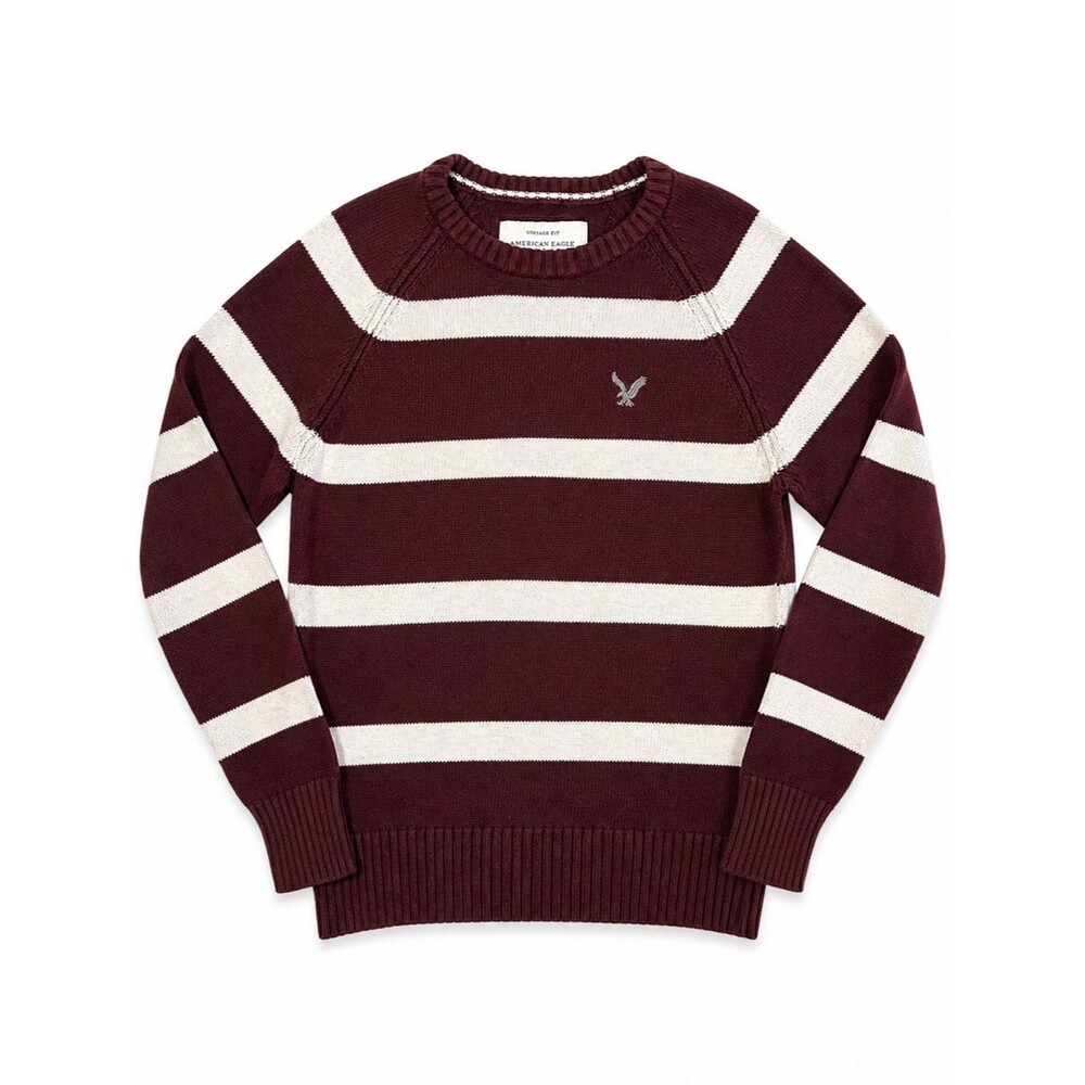 American Eagle Vintage Fit Striped Knit Sweater Burgundy Cream M